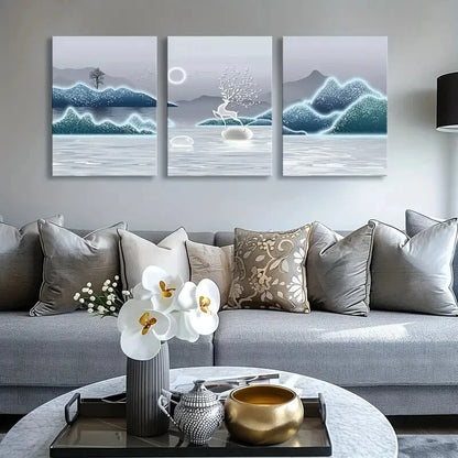 3pcs Lake Scene Serene Sky & Snow Capped Peaks Metal Print Ready to Hang Art