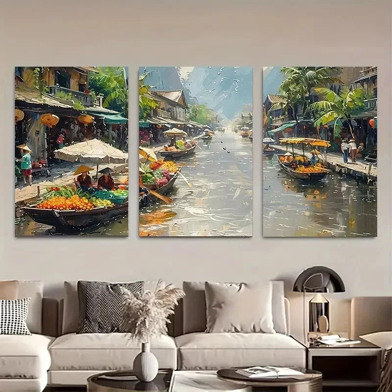 3pcs Asian Vibrant Floating Market Scenery Metal Print Ready to Hang Art
