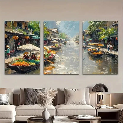 3pcs Asian Vibrant Floating Market Scenery Metal Print Ready to Hang Art