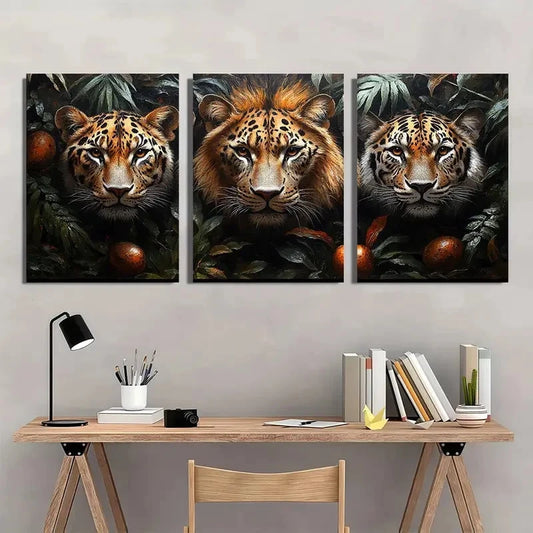 3pcs Jungle Overlord Leopard Lion And Tiger Wall Art Set Canvas Framed 50x70cm - High Quality Print 100% Australian Made Wall Canvas Ready to Hang