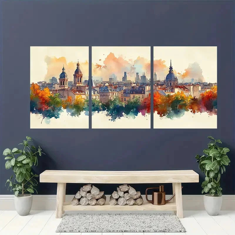 3pcs Rooftops Watercolor Cityscape Painting Metal Print Ready to Hang Art