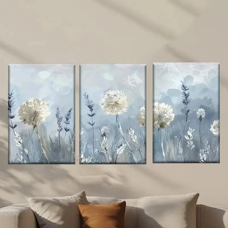 3pcs White Dandelion Flowers and Grass Wall Art Set Canvas Framed 40x60cm - High Quality Print 100% Australian Made Wall Canvas Ready to Hang