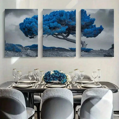 3pcs Modern Surreal Blue Tree Metal Print Ready to Hang Art