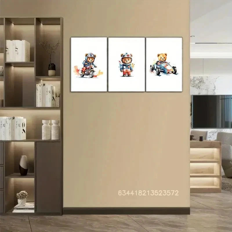 3pcs Bear Art Print Racing Sports Wall Art Metal Print Ready to Hang Art