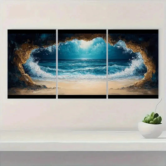 3pcs Coastline Ocean Waves & Beach Vibes Art Metal Print Ready to Hang Art