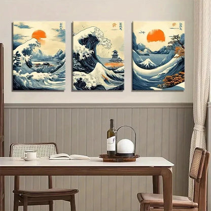 3pcs Japanese Wave Ukiyo-E Ocean Perfect Wall Art Set Canvas Framed 40x60cm - High Quality Print 100% Australian Made Wall Canvas Ready to Hang