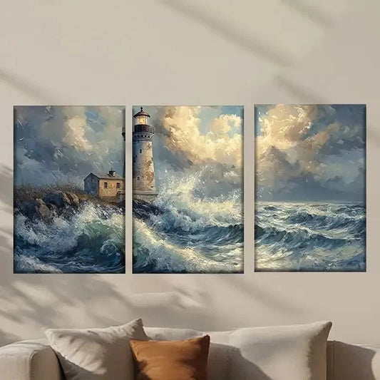 3pcs Abstract Lighthouse in the Ocean Wall Art Set Canvas Framed 40x60cm - High Quality Print 100% Australian Made Wall Canvas Ready to Hang
