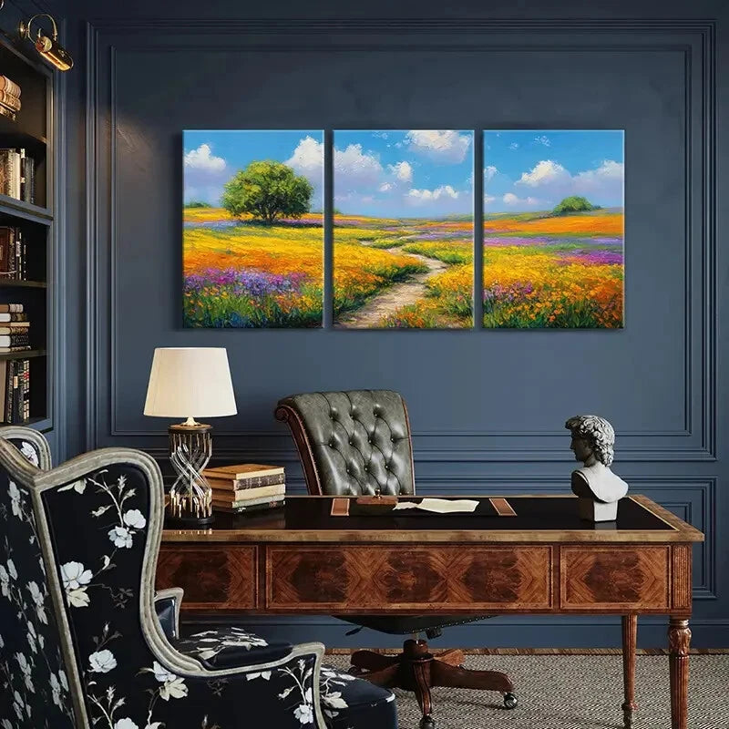 3pcs Landscape Painting Colorful Flowers Blue Sky Metal Print Ready to Hang Art