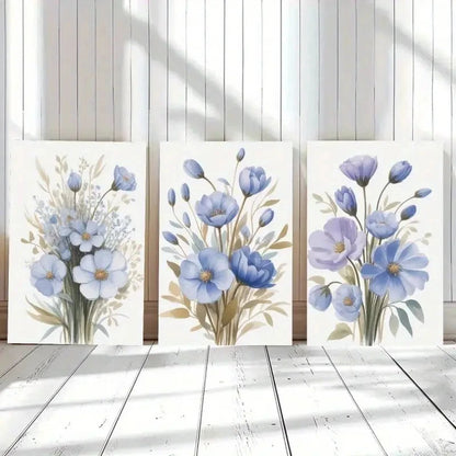 3pcs Blue Flowers Botanical Painting Metal Print Ready to Hang Art