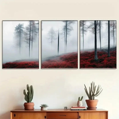 3pcs Red Autumn Leaves Fog Forest Landscape Metal Print Ready to Hang Art