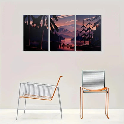 3pcs Sunset Serene Canoe and Trees Metal Print Ready to Hang Art