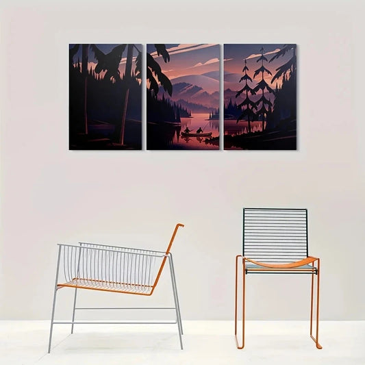 3pcs Sunset Serene Canoe and Trees Metal Print Ready to Hang Art