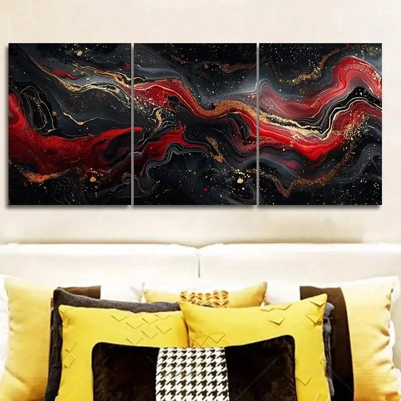 3pcs Abstract Black and Red Modern Style Metal Print Ready to Hang Art