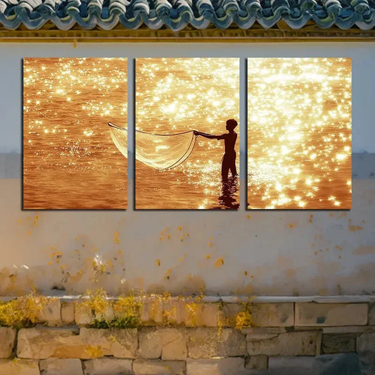 3pcs Fishermen on Sea Surface Design Metal Print Ready to Hang Art