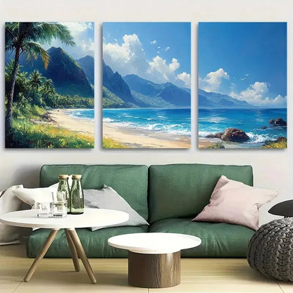 3pcs Tropical Beach with Palm Tree & Mountain View Metal Print Ready to Hang Art
