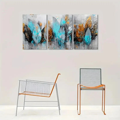 3pcs Abstract Feather Blue and Brown Wall Art Set Canvas Framed 40x60cm - High Quality Print 100% Australian Made Wall Canvas Ready to Hang