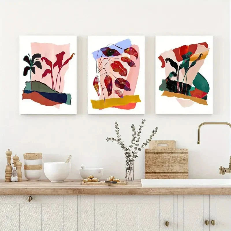 3pcs Featuring Dark Lily Abstract Leaves Metal Print Ready to Hang Art