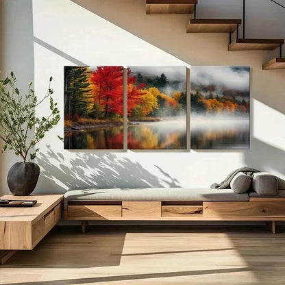 3pcs Autumn Colors Misty Lake & Vibrant Trees Wall Art Set Canvas Framed 40x60cm - High Quality Print 100% Australian Made Wall Canvas Ready to Hang