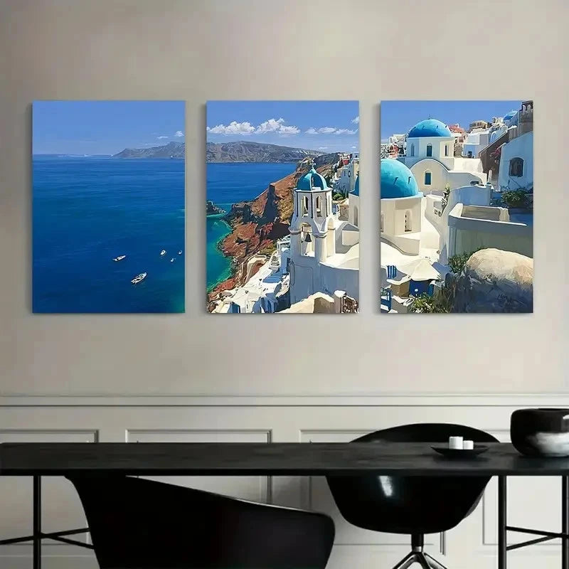3pcs Greek Churches by Sea with Blue Domes Metal Print Ready to Hang Art