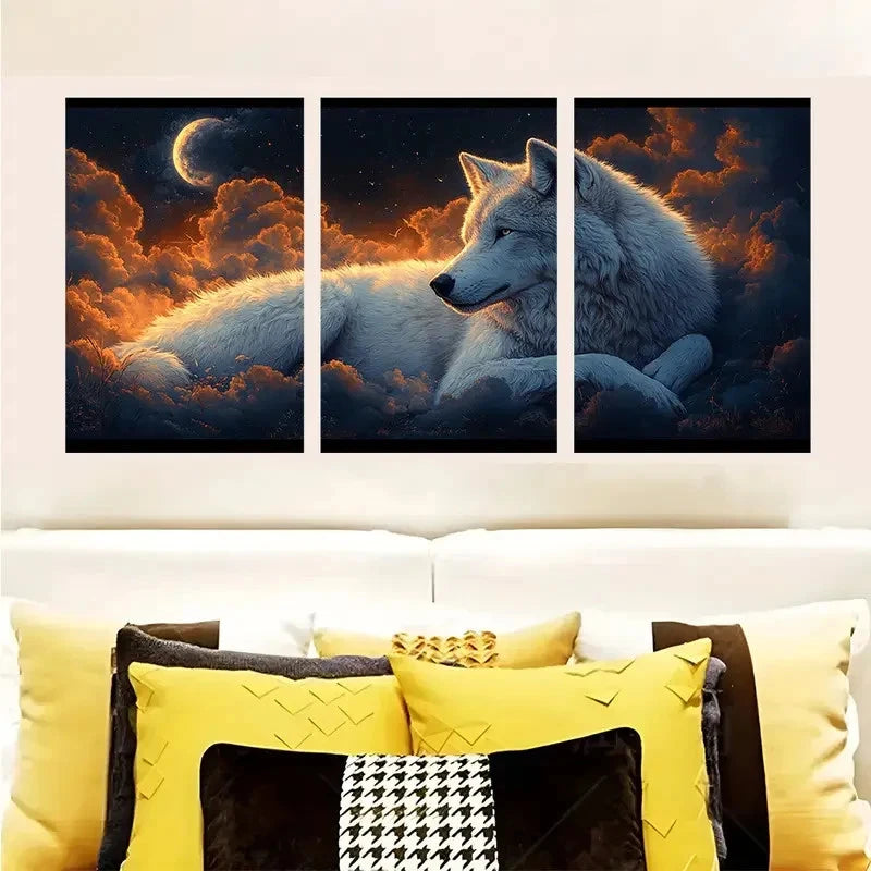 3pcs White Wolf & Dramatic Nighttime Scene Wall Art Set Canvas Framed 50x70cm - High Quality Print 100% Australian Made Wall Canvas Ready to Hang