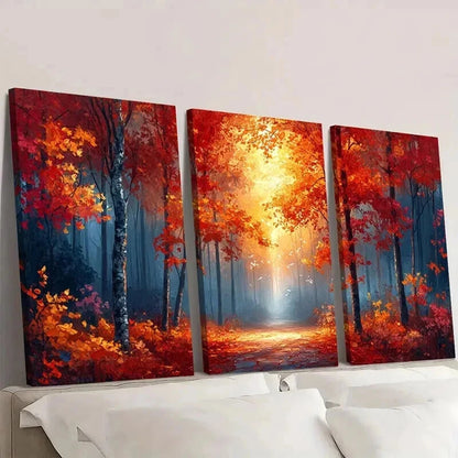 3pcs Warm Autumn Forest Orange & Red Trees Wall Art Set Canvas Framed 40x60cm - High Quality Print 100% Australian Made Wall Canvas Ready to Hang