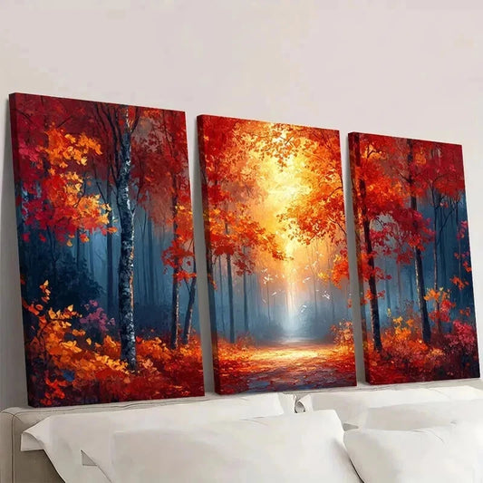 3pcs Warm Autumn Forest Orange & Red Trees Wall Art Set Canvas Framed 40x60cm - High Quality Print 100% Australian Made Wall Canvas Ready to Hang
