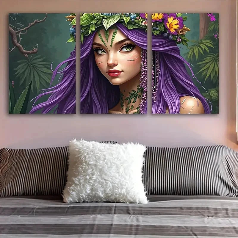 3pcs Purple-Haired Woman With Floral Design Wall Art Set Canvas Framed 40x60cm - High Quality Print 100% Australian Made Wall Canvas Ready to Hang