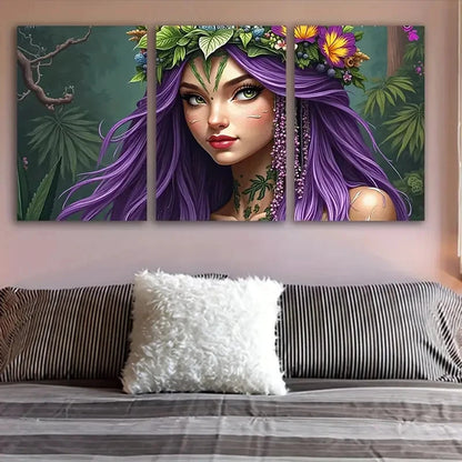 3pcs Purple-Haired Woman With Floral Design Wall Art Set Canvas Framed 40x60cm - High Quality Print 100% Australian Made Wall Canvas Ready to Hang