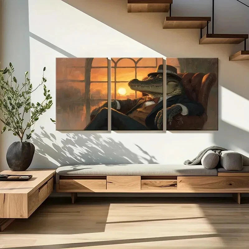 3pcs Alligator Gentleman Elegant Suit Hat Metal Print Ready to Hang Art