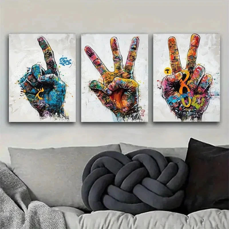 3pcs Vivid Graffiti Style Peace Hand Sign Metal Print Ready to Hang Art