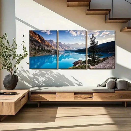 3pcs Vibrant Mountain Lake Scenery Tranquil Sky Wall Art Set Canvas Framed 40x60cm - High Quality Print 100% Australian Made Wall Canvas Ready to Hang