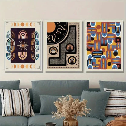 3pcs Vibrant Sun & Moon Design Mid-Century Metal Print Ready to Hang Art
