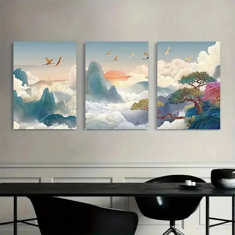 3pcs Sunset with Crane Mountain & Tree Scenery Metal Print Ready to Hang Art