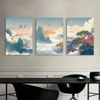 3pcs Sunset with Crane Mountain & Tree Scenery Metal Print Ready to Hang Art