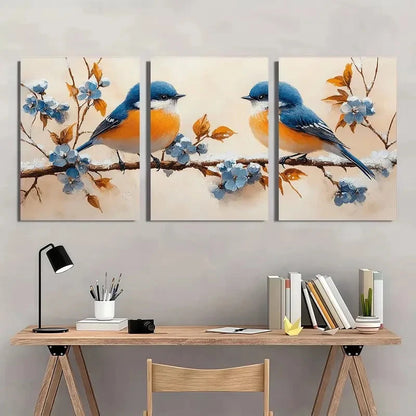 3pcs Blue And White Flowers And Birds On Snow Wall Art Set Canvas Framed 60x90cm - High Quality Print 100% Australian Made Wall Canvas Ready to Hang
