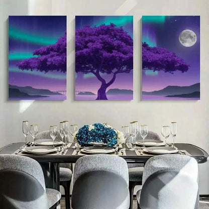 3pcs Purple Tree & Aurora Borealis Metal Print Ready to Hang Art
