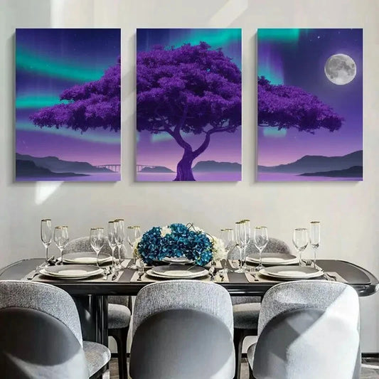 3pcs Purple Tree & Aurora Borealis Metal Print Ready to Hang Art