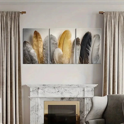 3pcs Feather Arrangement Elegant Natural Texture Metal Print Ready to Hang Art