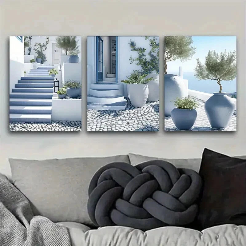 3pcs Santorini Blue And White Mediterranean Metal Print Ready to Hang Art