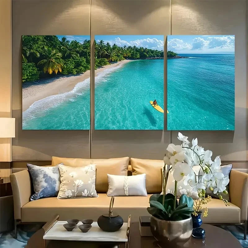 3pcs Surfer Floating By Sandy Beach Metal Print Ready to Hang Art