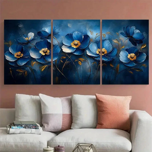 3pcs Blue Style Abstract Flowers Design Metal Print Ready to Hang Art