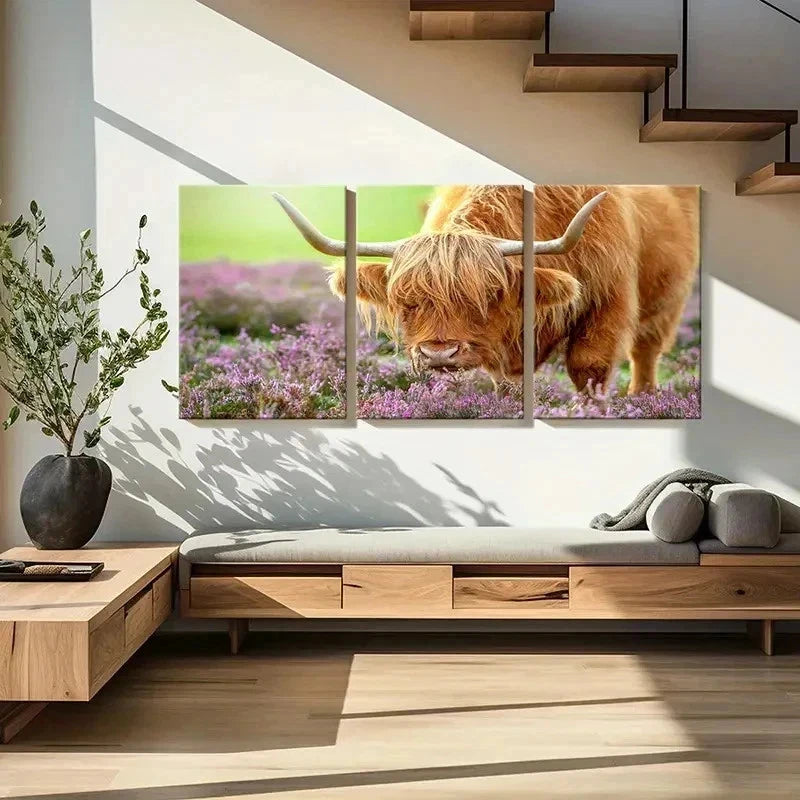 3pcs Highland Cattle & Purple Wild Flowers Wall Art Set Canvas Framed 40x60cm - High Quality Print 100% Australian Made Wall Canvas Ready to Hang