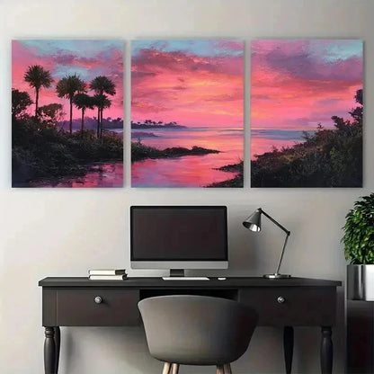 3pcs Coastal Serenity Pink Sunset Perfect Wall Art Set Canvas Framed 40x60cm - High Quality Print 100% Australian Made Wall Canvas Ready to Hang