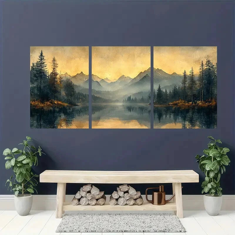 3pcs Dark moody Wooden Landscape Poster Metal Print Ready to Hang Art