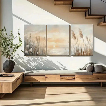3pcs Sunset & Reeds Modern Landscape Wall Art Set Canvas Framed 40x60cm - High Quality Print 100% Australian Made Wall Canvas Ready to Hang