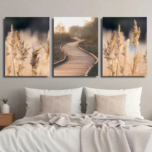 3pcs Outdoor Botanical Pampas Grass Trees Metal Print Ready to Hang Art