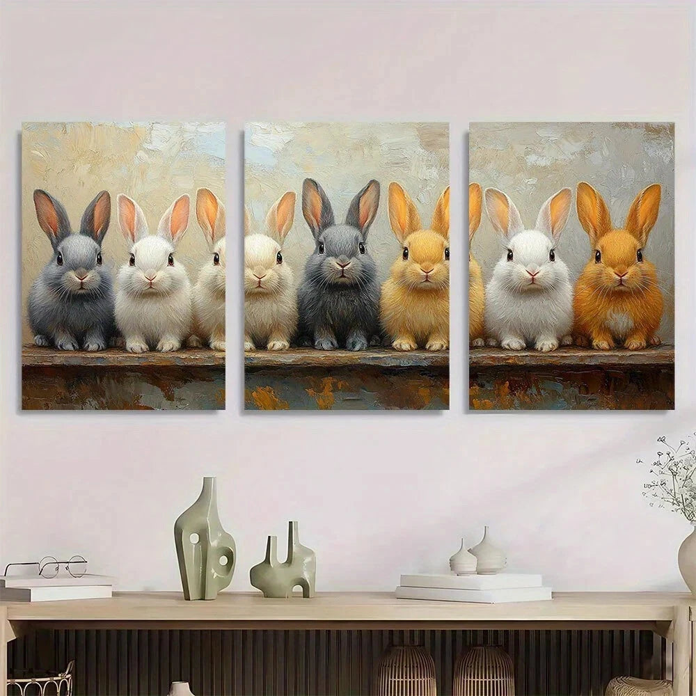 3pcs Chic Rabbit Group Animal Themed Metal Print Ready to Hang Art