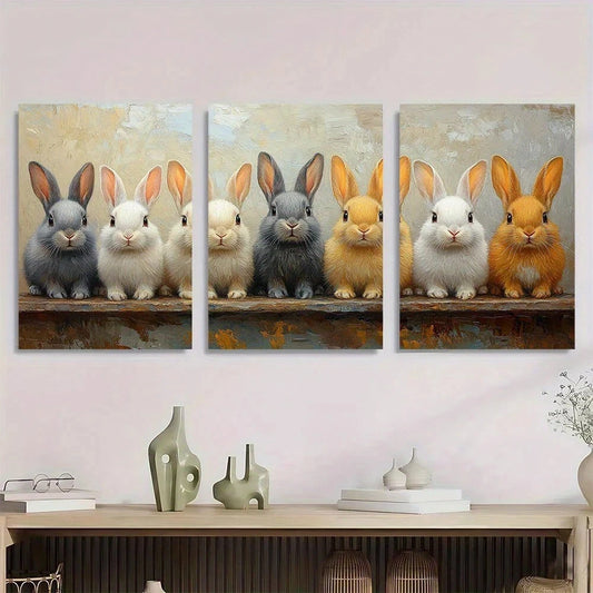3pcs Chic Rabbit Group Animal Themed Metal Print Ready to Hang Art
