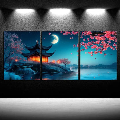 3pcs Ancient Pagoda by Moonlight Scenery Metal Print Ready to Hang Art