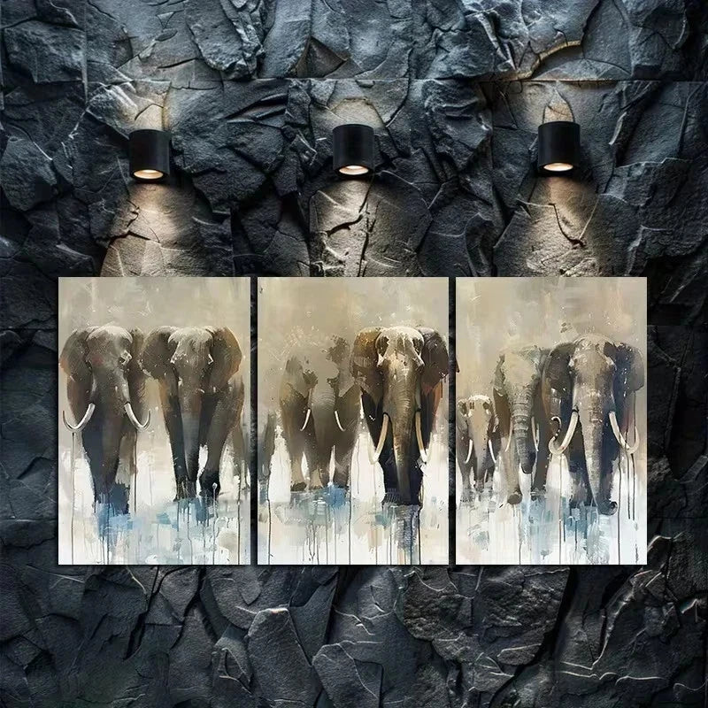 3pcs Prehistoric Wildlife Mammoth Herd Metal Print Ready to Hang Art